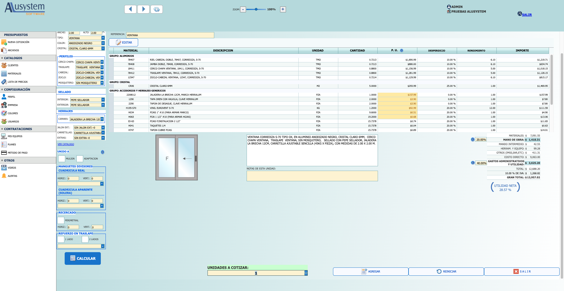 Alusystem calculando materiales, costos y utilidad de una ventana